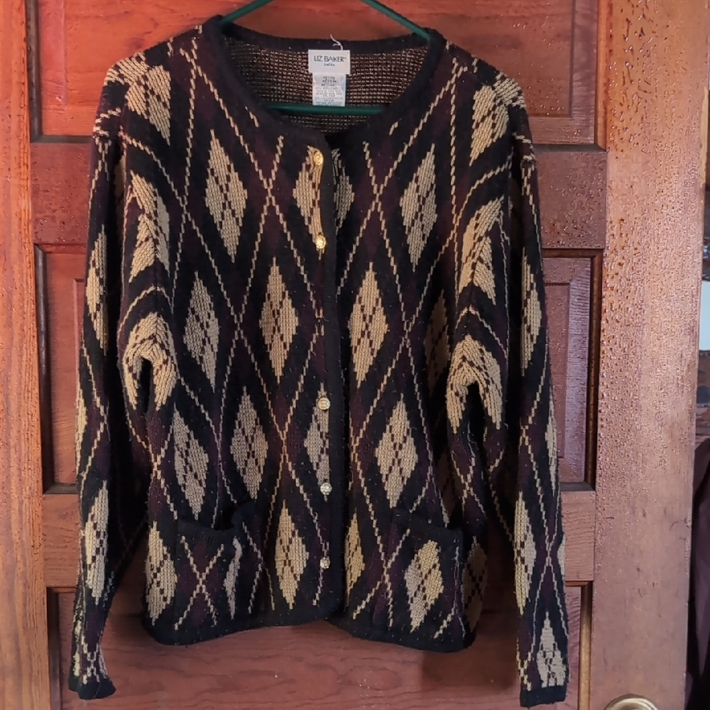 Vintage Liz Baker Black and Cream Argyle Cardigan